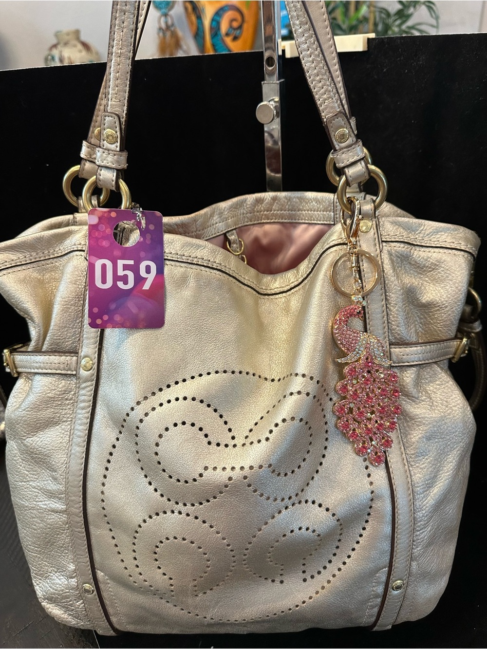 Coach #059 Audrey “Angie”Metallic Silver Perforated Leather Tote